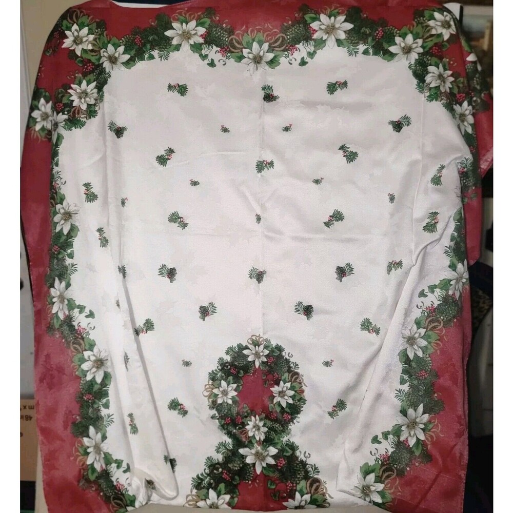 Large Christmas Jacquard Tablecloth Red White Poinsettas Mistletoe 100x58" Sheen